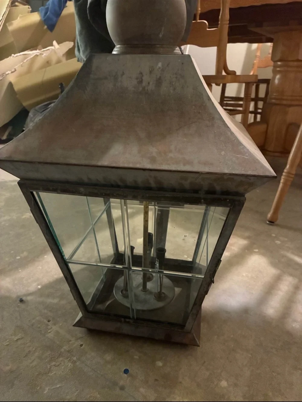Antique hanging lantern with beautiful patina. All glass and electrical intact!